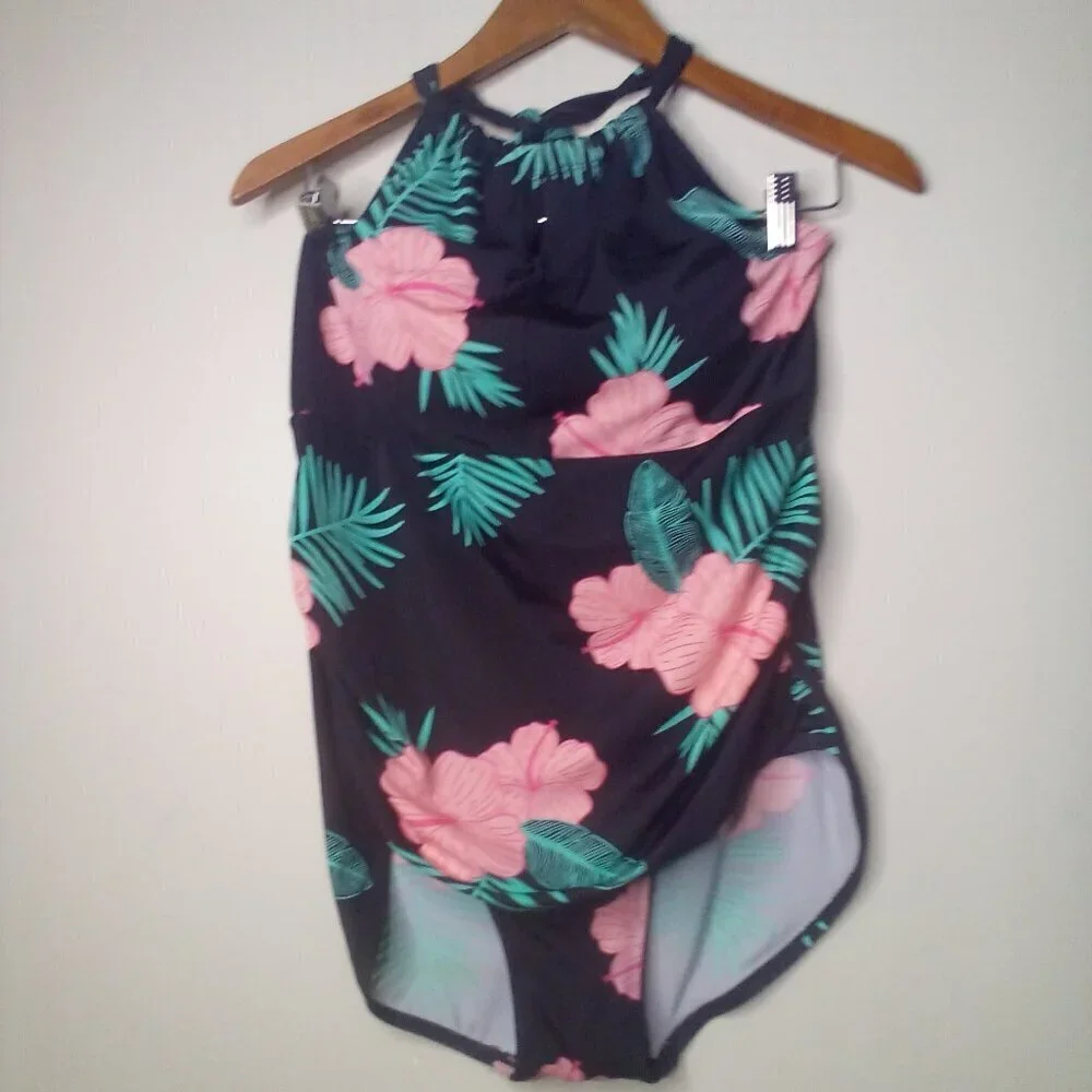 Crane Swimsuit Women XL One Piece Halter Floral Tropical Black Green Pink
